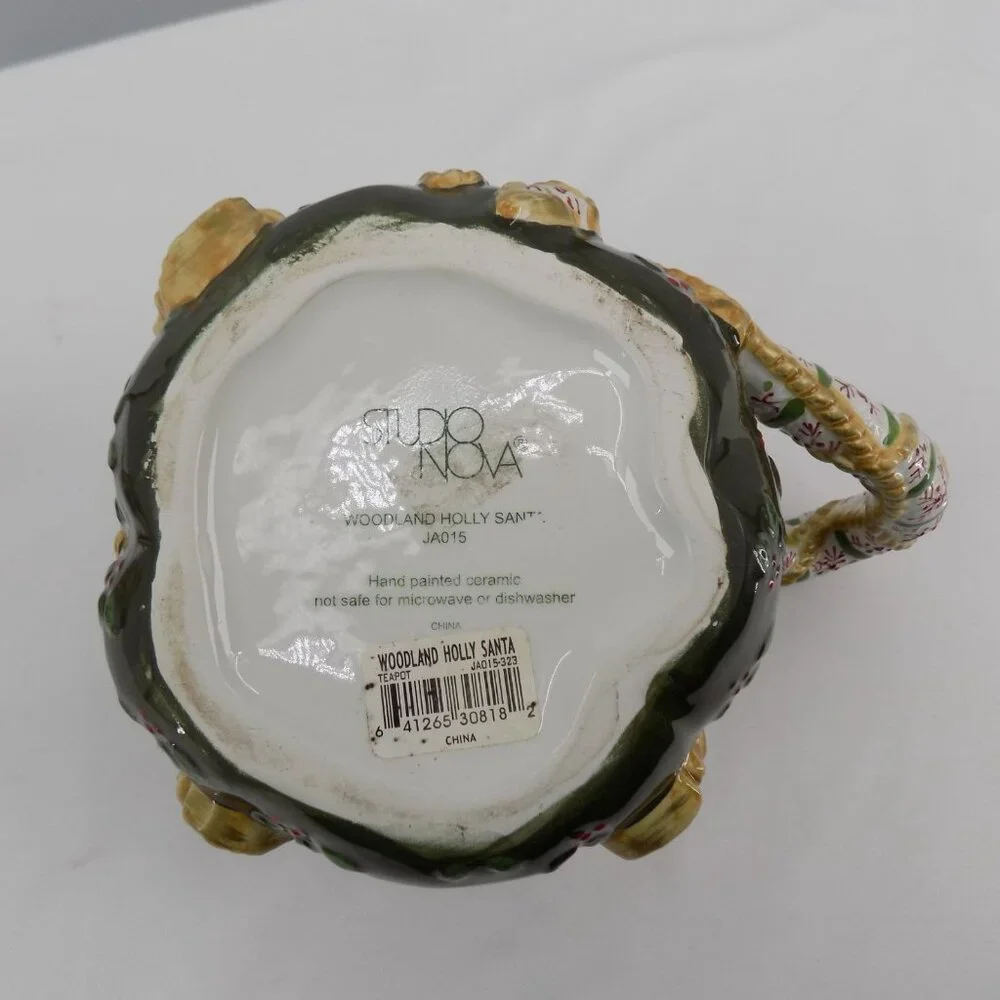 Studio Nova Woodland Holly Santa 7 1/2" 28 oz Figural Teapot with Lid No Box Vtg - Picture 9 of 10